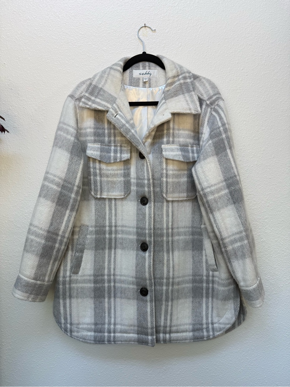 Sebby soft neutral plaid shacket